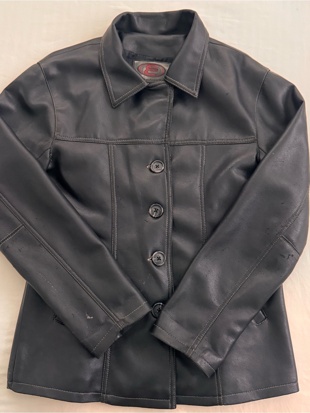 90s Black faux leather jacket with button-up front and pockets, size m